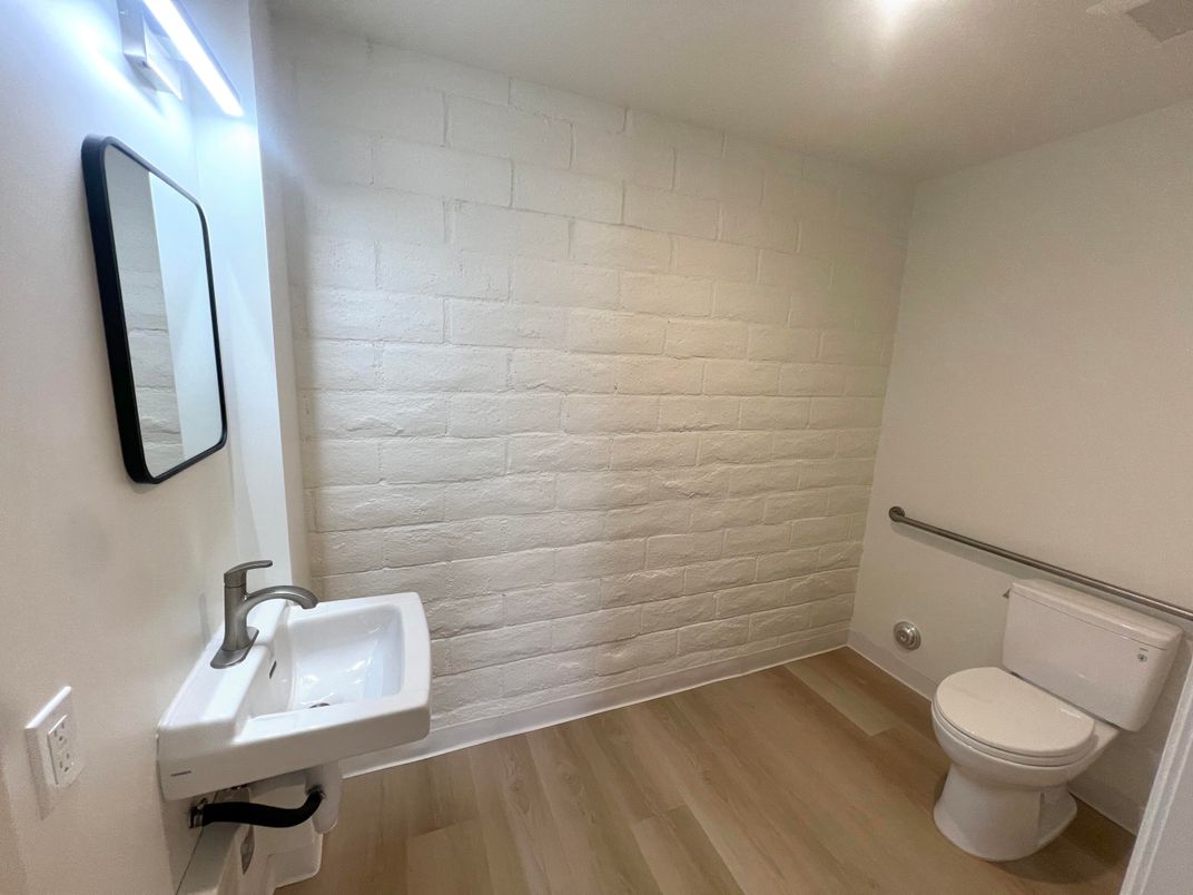 Bathroom, Interior, Stone Walls, Wood Texture Flooring