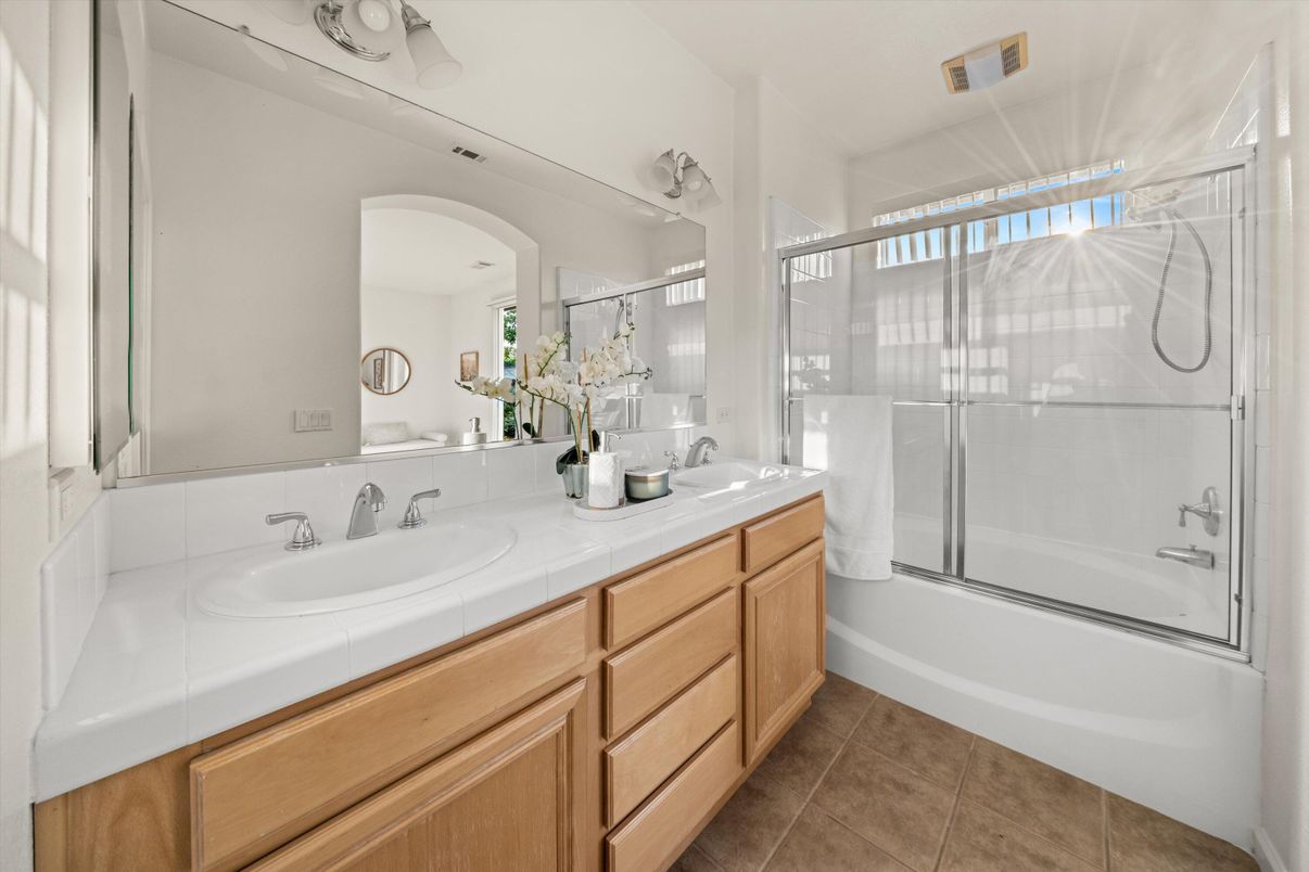 Bathroom, Dual Sink Vanities, Glass Shower, Interior, Tile Countertops
