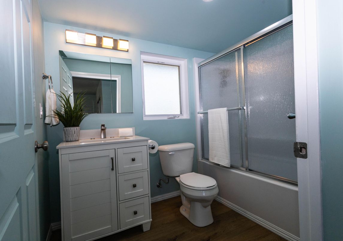 Bathroom, Glass Shower, Interior, Wood Texture Flooring