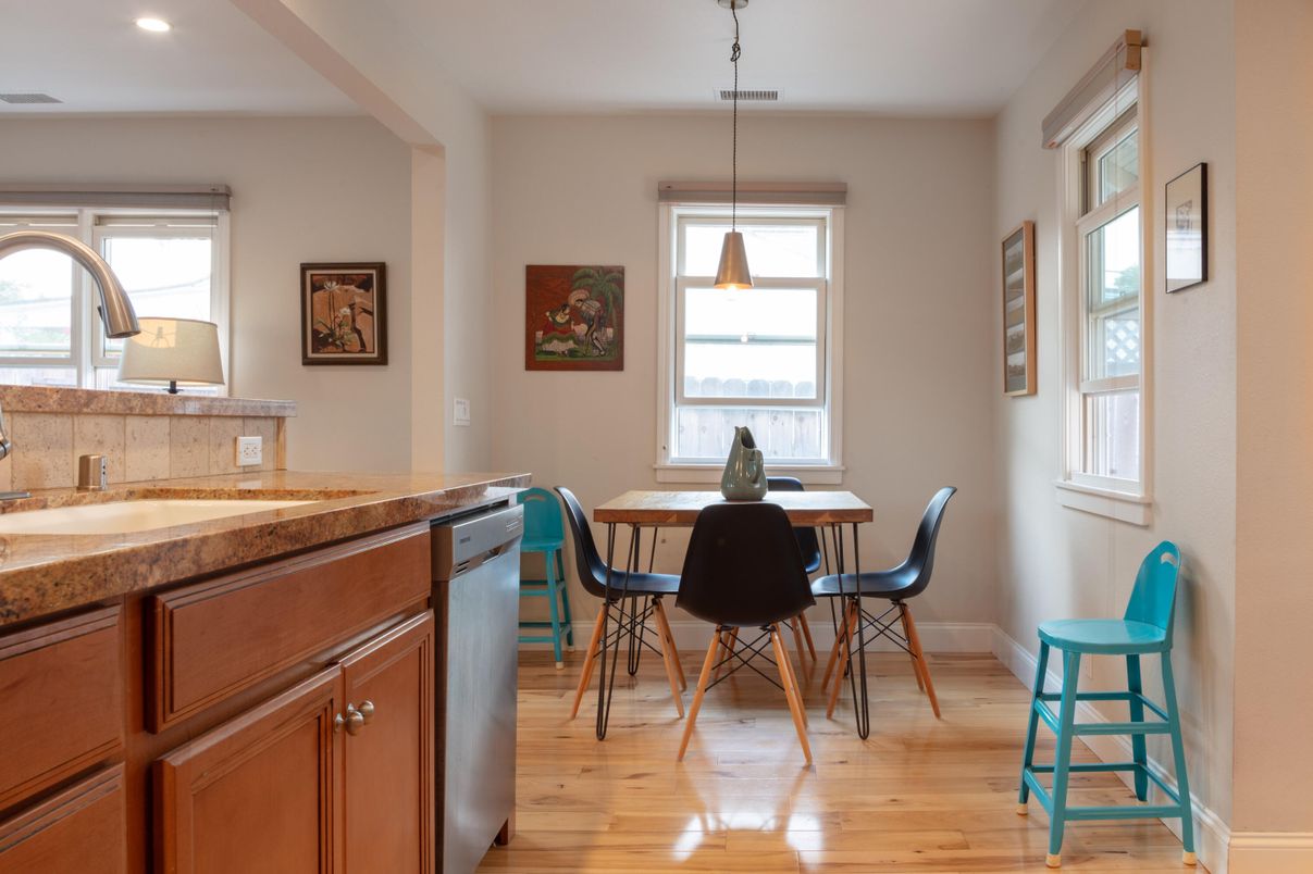 Dining room, Interior, Pendant Lights, Recessed Lighting, Wood Texture Flooring