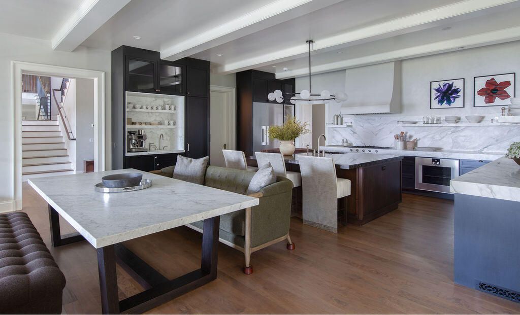 Dining room, Interior, Kitchen, Marble Walls, Pendant Lights, Recessed Lighting, Wood Texture Flooring