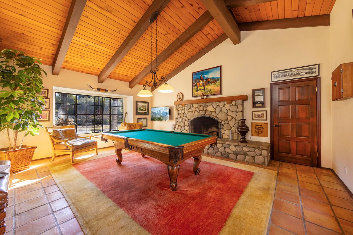 Billiard Table, Fireplace, Game Room, Interior, Pendant Lights, Wooden Beams, Wooden Ceilings