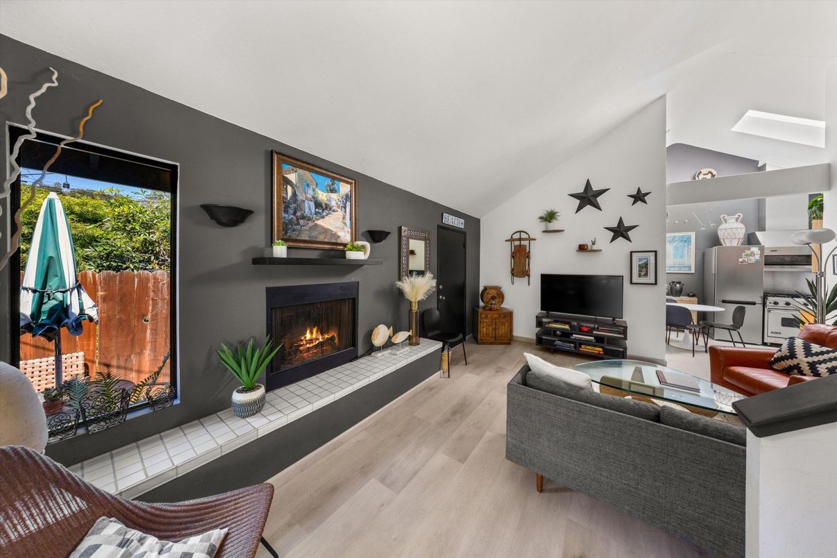 Dining room, Fireplace, Interior, Living room, Wood Texture Flooring