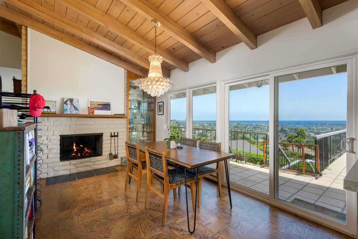 Chandelier, Dining room, Fireplace, Interior, Wooden Beams, Wooden Ceilings, Wood Texture Flooring