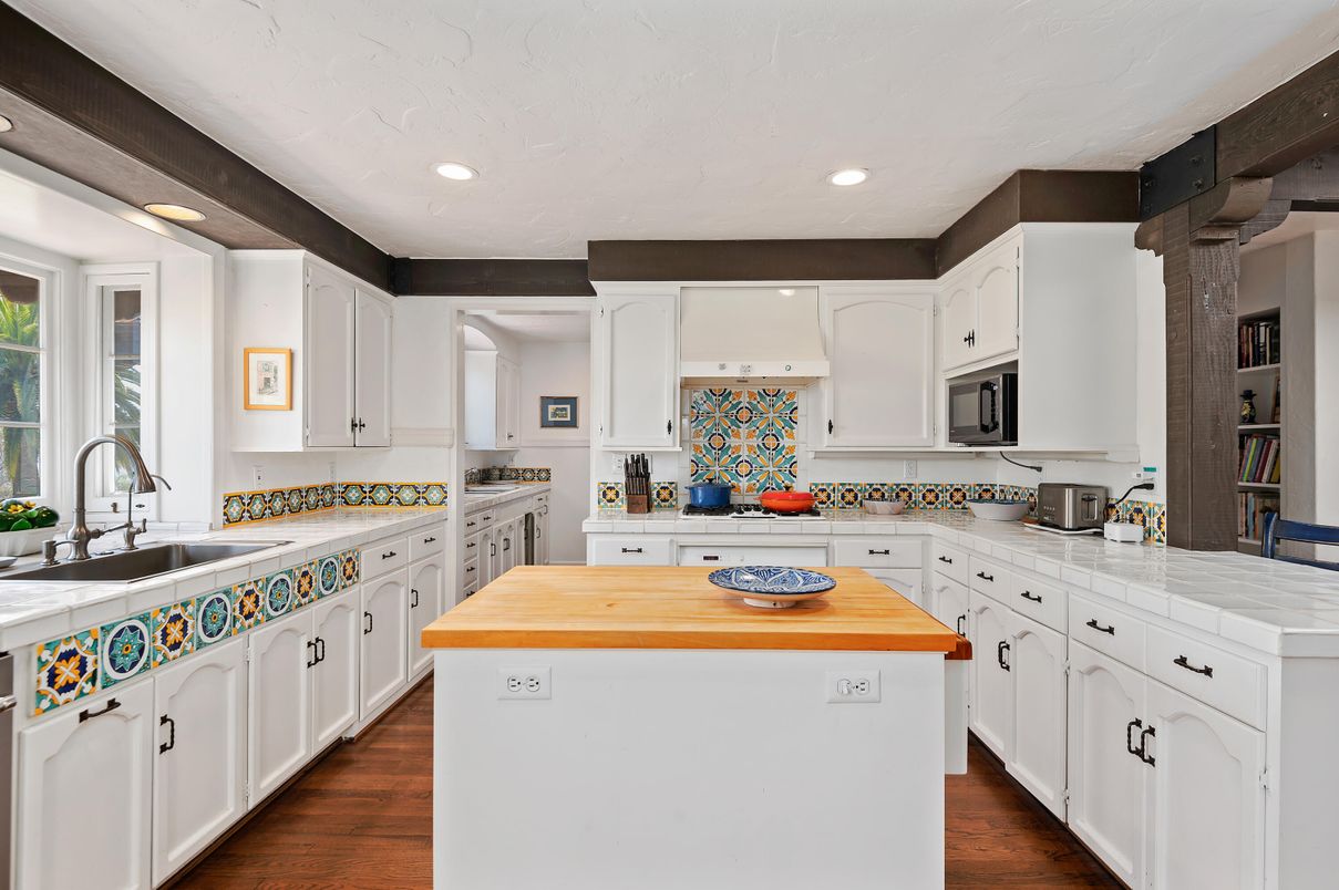 Interior, Kitchen, Recessed Lighting, Tile Countertops, Wood Texture Flooring