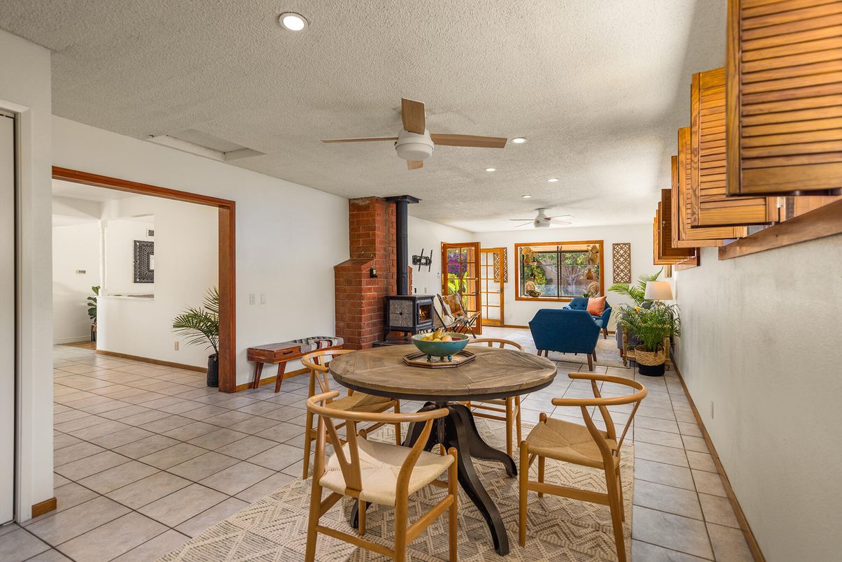 Dining room, Fireplace, Interior, Recessed Lighting, Stone Walls