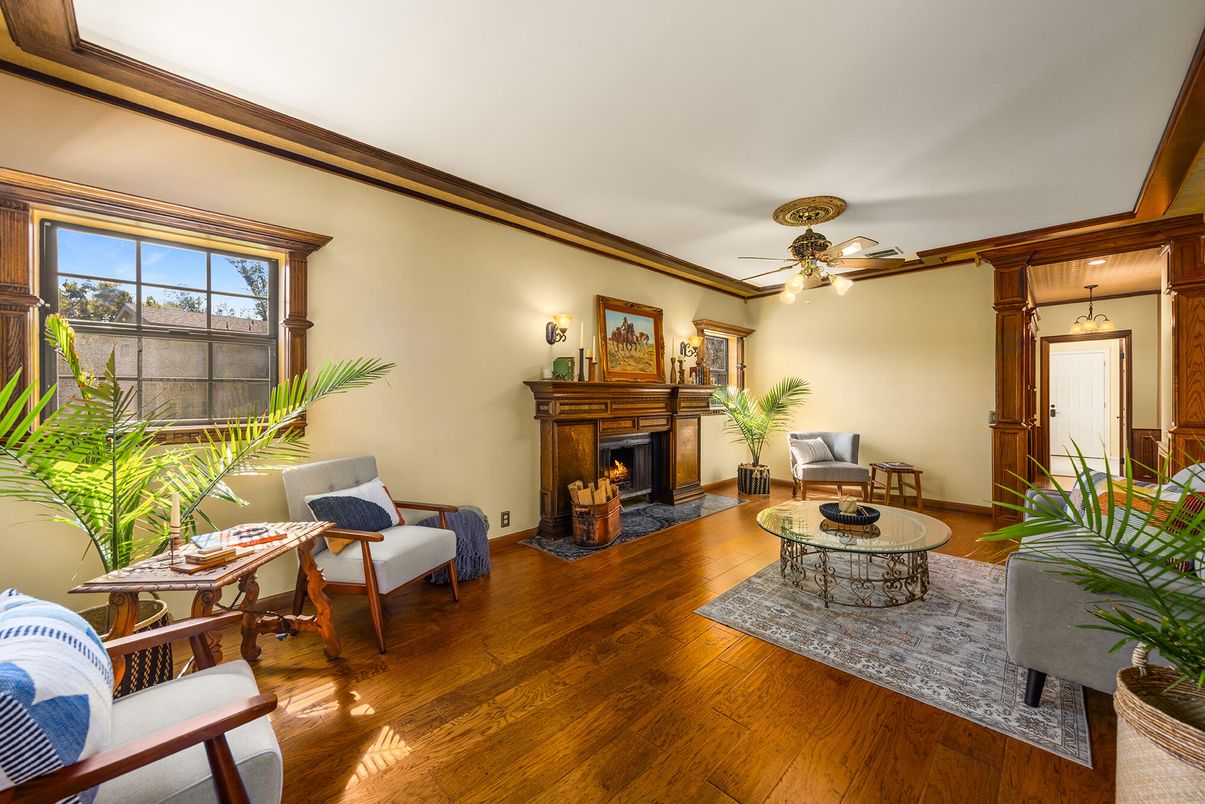 Fireplace, Interior, Living room, Pendant Lights, Wood Texture Flooring
