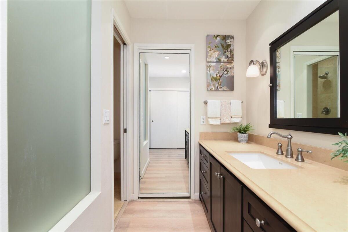 Bathroom, Interior, Recessed Lighting, Wood Texture Flooring