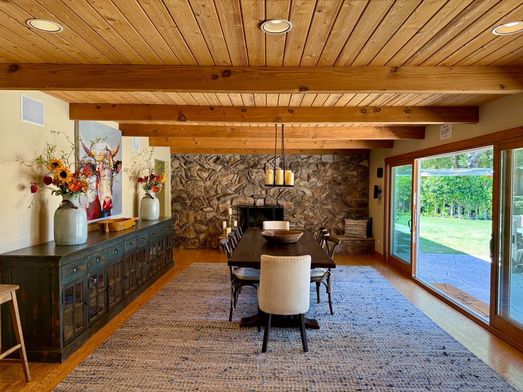 Dining room, Fireplace, Interior, Recessed Lighting, Stone Walls, Wooden Beams, Wooden Ceilings, Wood Texture Flooring