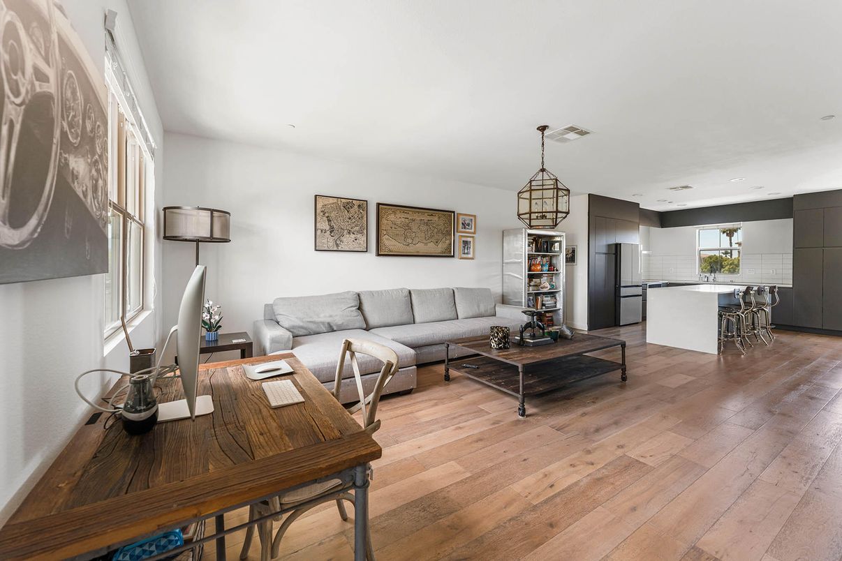 Dining room, Interior, Kitchen, Living room, Pendant Lights, Wood Texture Flooring