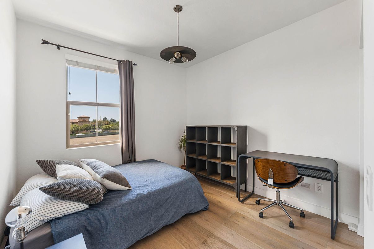 Bedroom, Home Office, Interior, Pendant Lights, Wood Texture Flooring