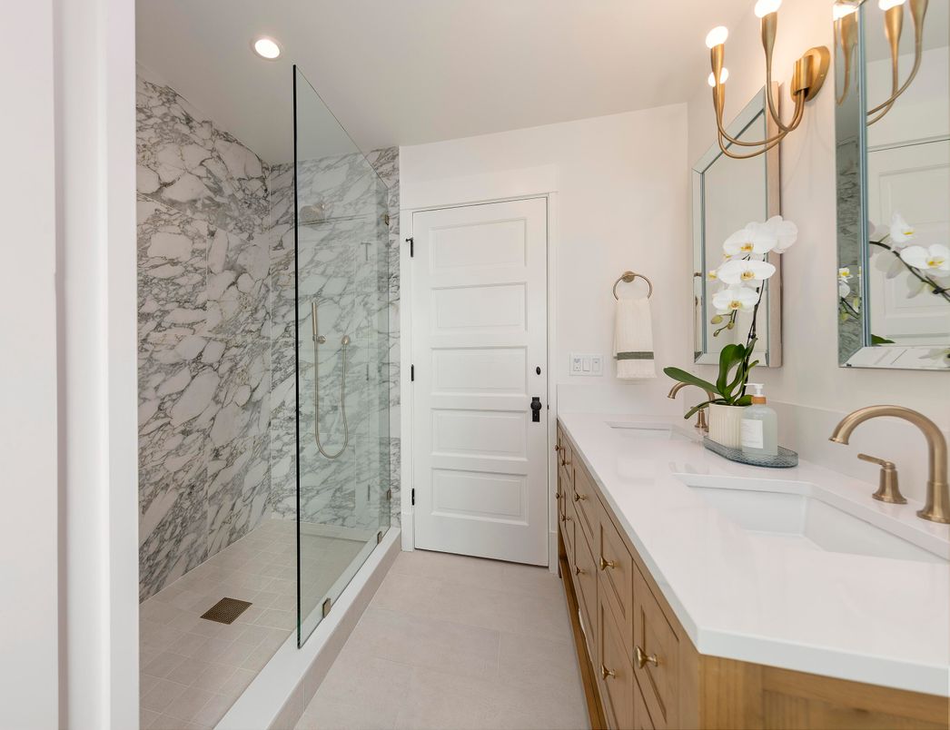 Bathroom, Dual Sink Vanities, Glass Shower, Interior, Marble Walls, Recessed Lighting