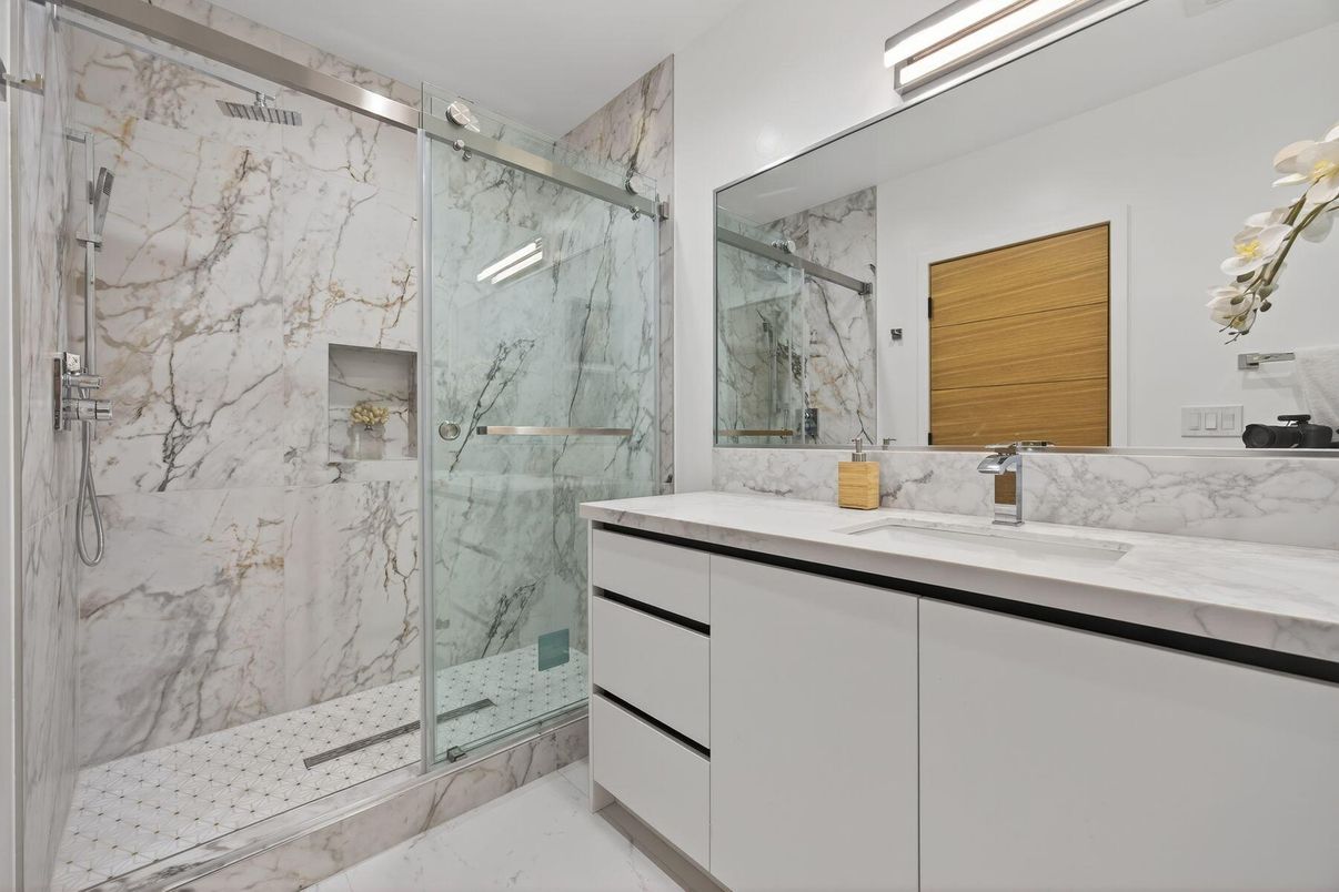 Bathroom, Glass Shower, Interior, Marble, Marble Walls, Recessed Lighting
