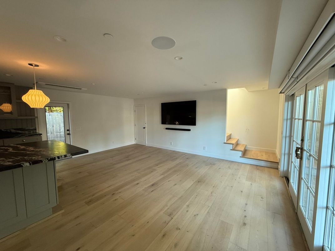 Empty room, Interior, Kitchen, Pendant Lights, Recessed Lighting, Wood Texture Flooring