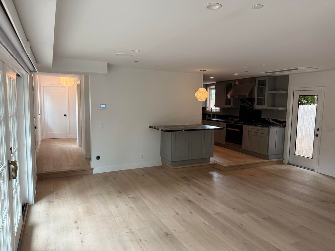 Chandelier, Interior, Kitchen, Recessed Lighting, Wood Texture Flooring