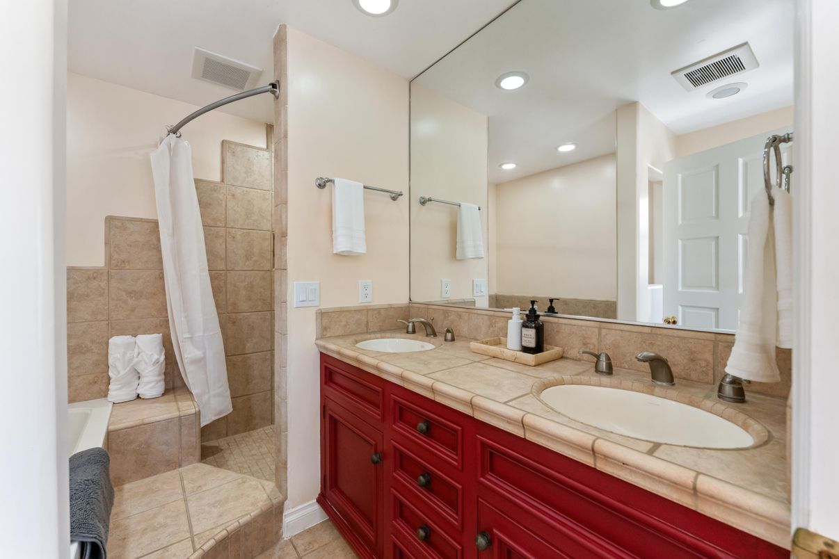 Bathroom, Dual Sink Vanities, Interior, Recessed Lighting, Tile Countertops
