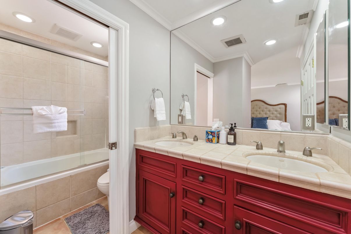 Bathroom, Dual Sink Vanities, Interior, Recessed Lighting, Tile Countertops
