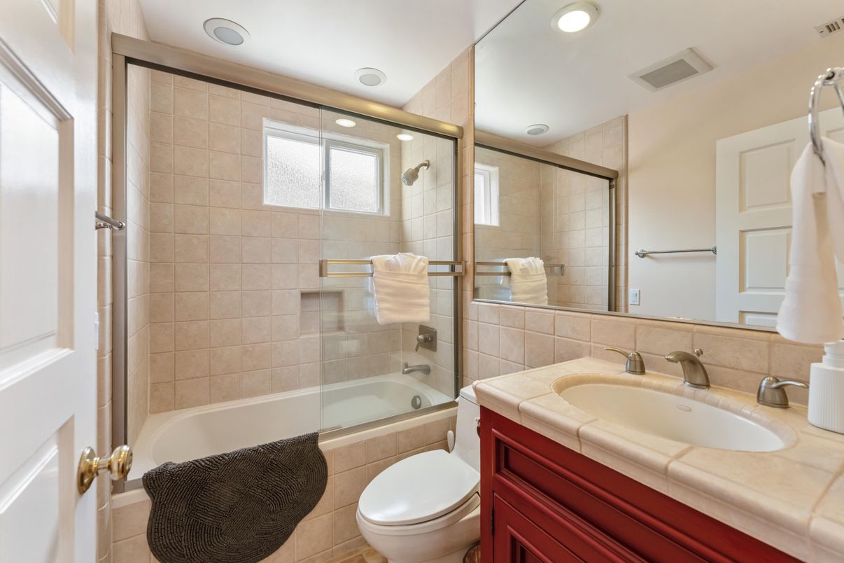 Bathroom, Glass Shower, Interior, Recessed Lighting, Tile Countertops