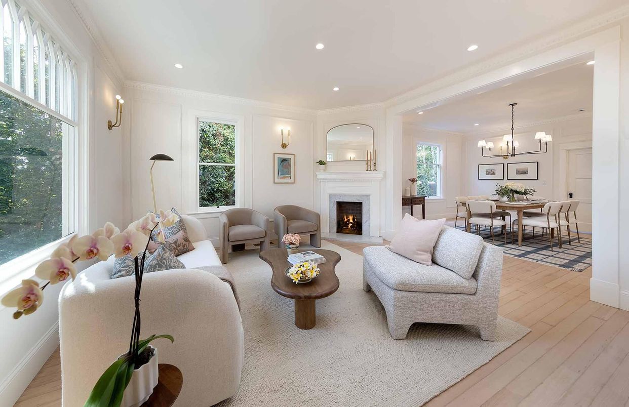Chandelier, Dining room, Fireplace, Interior, Living room, Recessed Lighting, Wood Texture Flooring