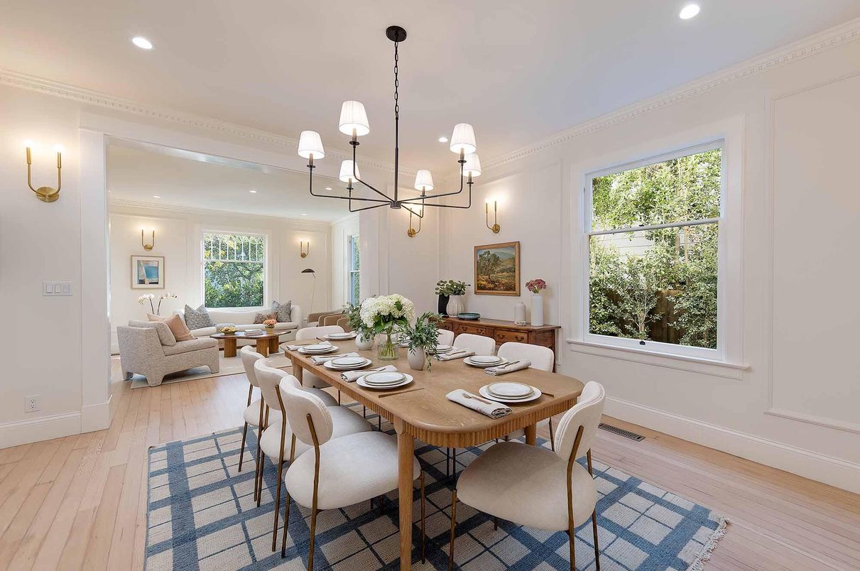 Chandelier, Dining room, Interior, Living room, Pendant Lights, Recessed Lighting, Wood Texture Flooring