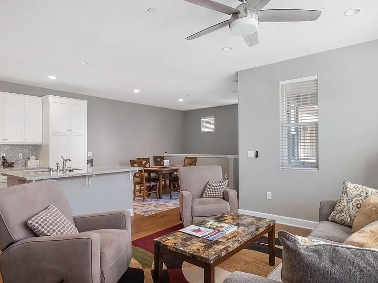 Dining room, Interior, Kitchen, Living room, Recessed Lighting, Wood Texture Flooring