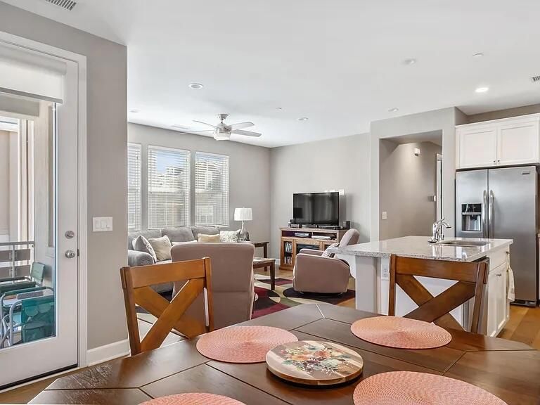 Interior, Kitchen, Living room, Recessed Lighting, Stainless Steel Appliances, Wood Texture Flooring