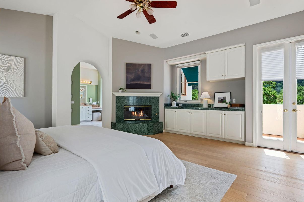 Bedroom, Fireplace, Interior, Wood Texture Flooring