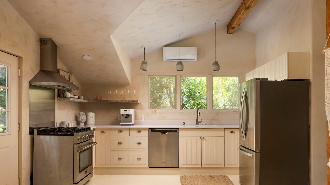 Interior, Kitchen, Pendant Lights, Recessed Lighting, Stainless Steel Appliances, Wooden Beams