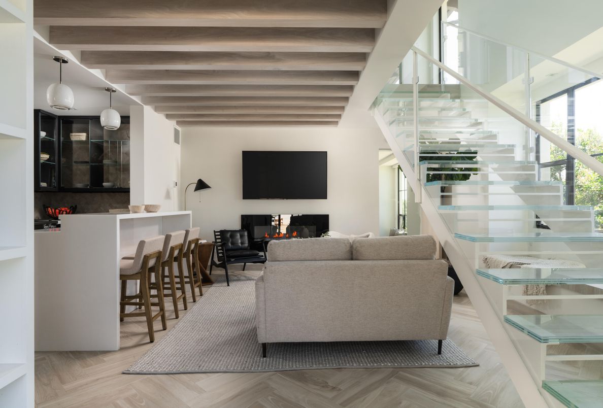 Interior, Living room, Pendant Lights, Wood Texture Flooring