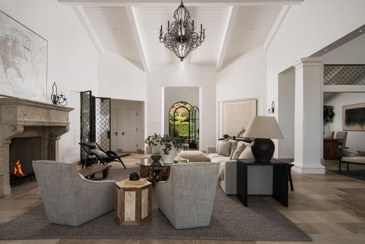 Chandelier, Fireplace, Interior, Living room, Wooden Ceilings