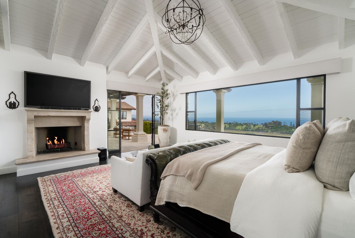 Bedroom, Chandelier, Fireplace, Interior, Water, Wood Texture Flooring