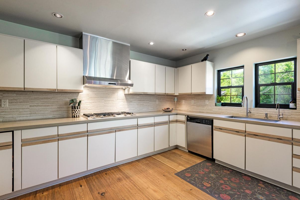 Interior, Kitchen, Recessed Lighting, Stainless Steel Appliances, Wood Texture Flooring