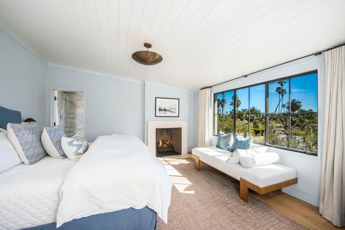 Bedroom, Fireplace, Interior, Pendant Lights, Wood Texture Flooring