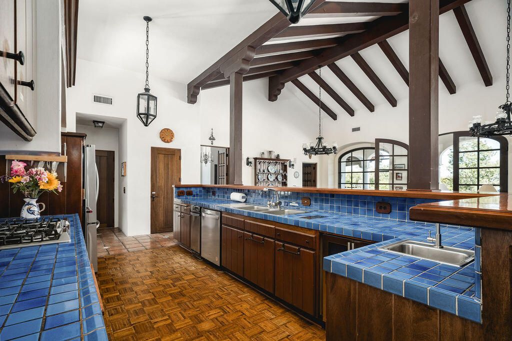 Interior, Kitchen, Pendant Lights, Stainless Steel Appliances, Tile Countertops, Wooden Beams, Wood Texture Flooring