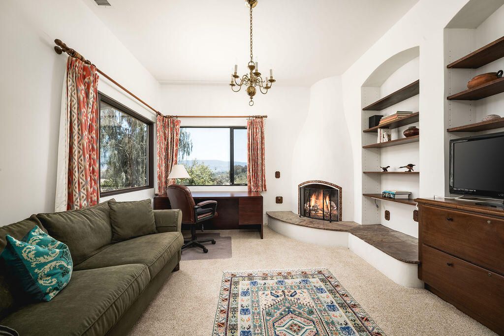 Chandelier, Fireplace, Home Office, Interior