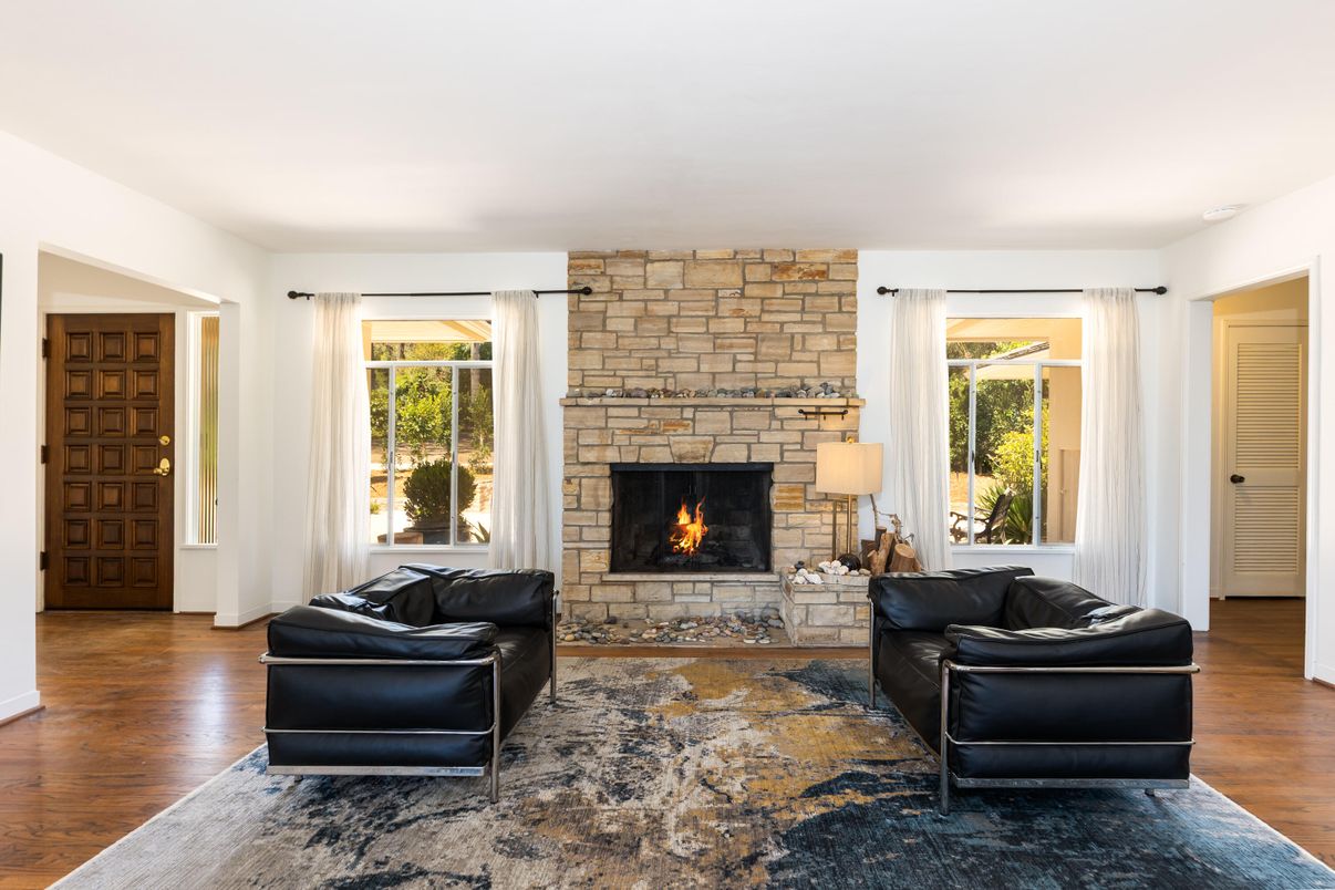 Fireplace, Interior, Living room, Stone Walls, Wood Texture Flooring