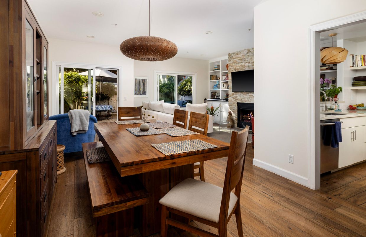 Dining room, Fireplace, Interior, Living room, Pendant Lights, Recessed Lighting, Stone Walls, Wood Texture Flooring