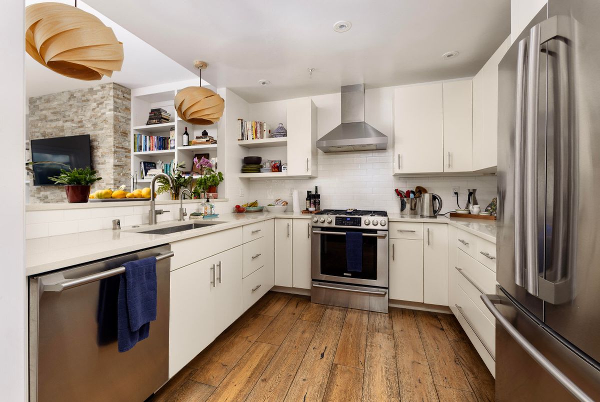 Interior, Kitchen, Recessed Lighting, Stainless Steel Appliances, Stone Walls, Wood Texture Flooring