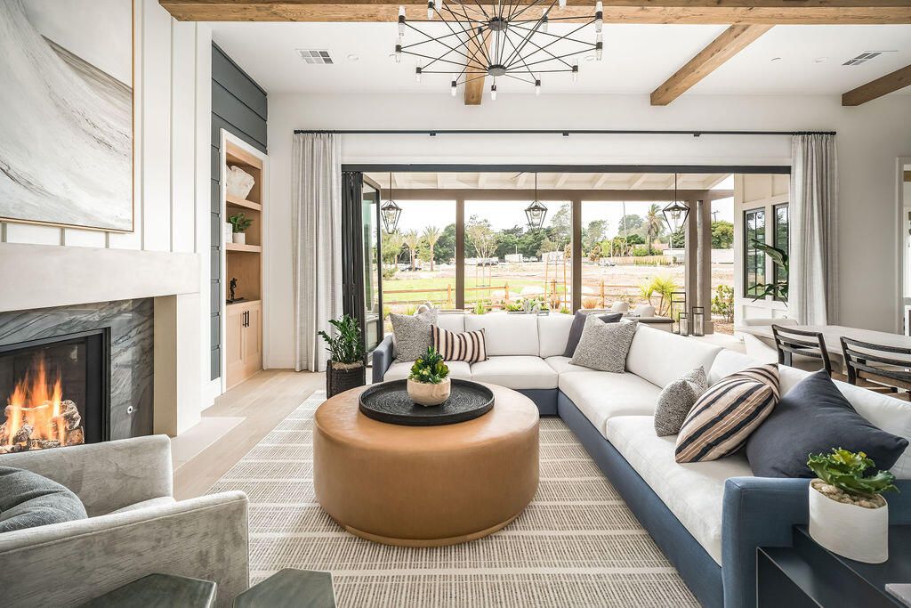 Dining room, Fireplace, Interior, Living room, Pendant Lights, Wooden Beams, Wood Texture Flooring