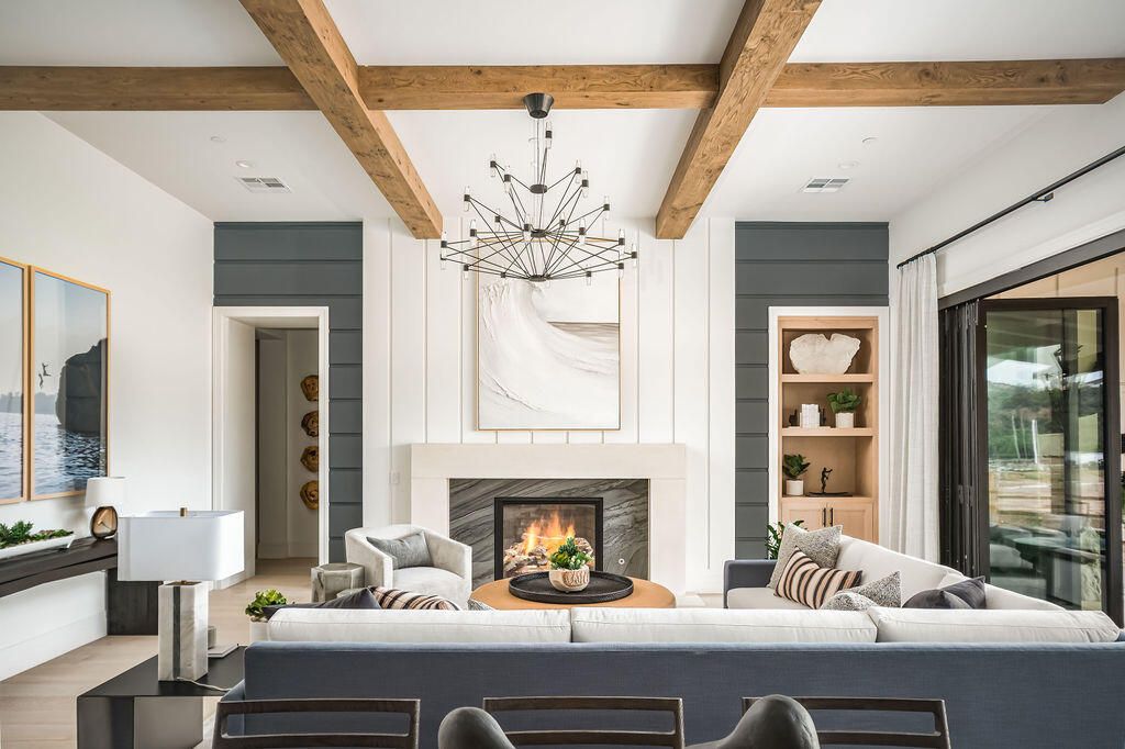 Chandelier, Fireplace, Interior, Living room, Wooden Beams, Wood Texture Flooring