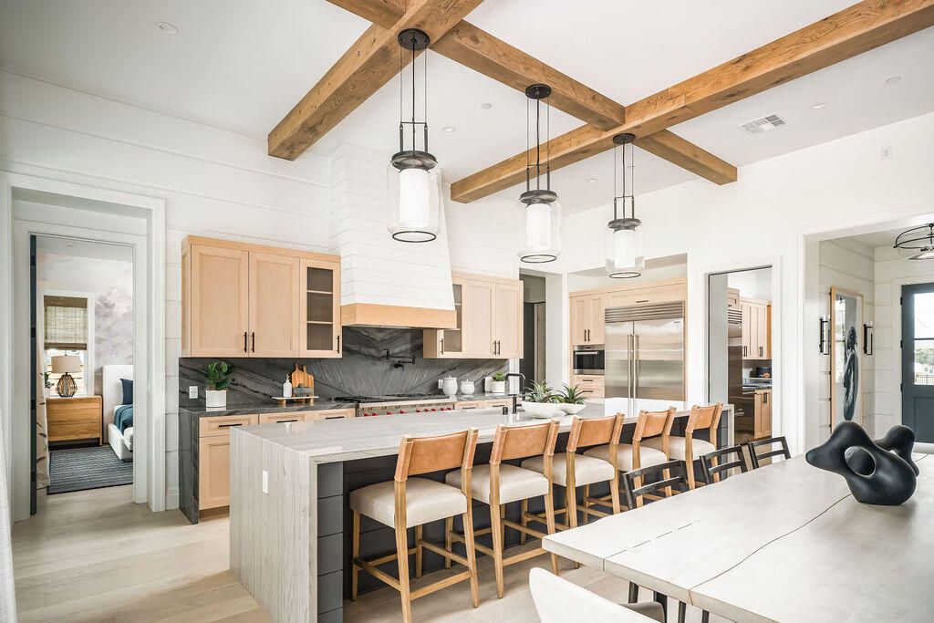 Interior, Kitchen, Pendant Lights, Recessed Lighting, Stainless Steel Appliances, Wooden Beams, Wood Texture Flooring
