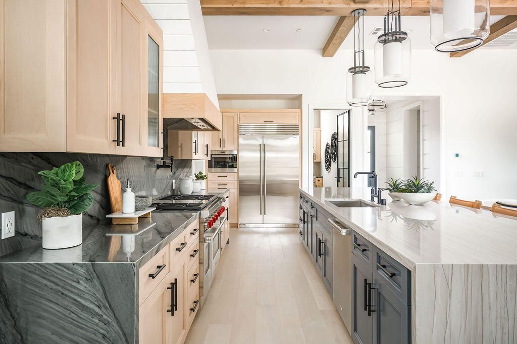 Interior, Kitchen, Pendant Lights, Recessed Lighting, Stainless Steel Appliances, Wooden Beams, Wood Texture Flooring