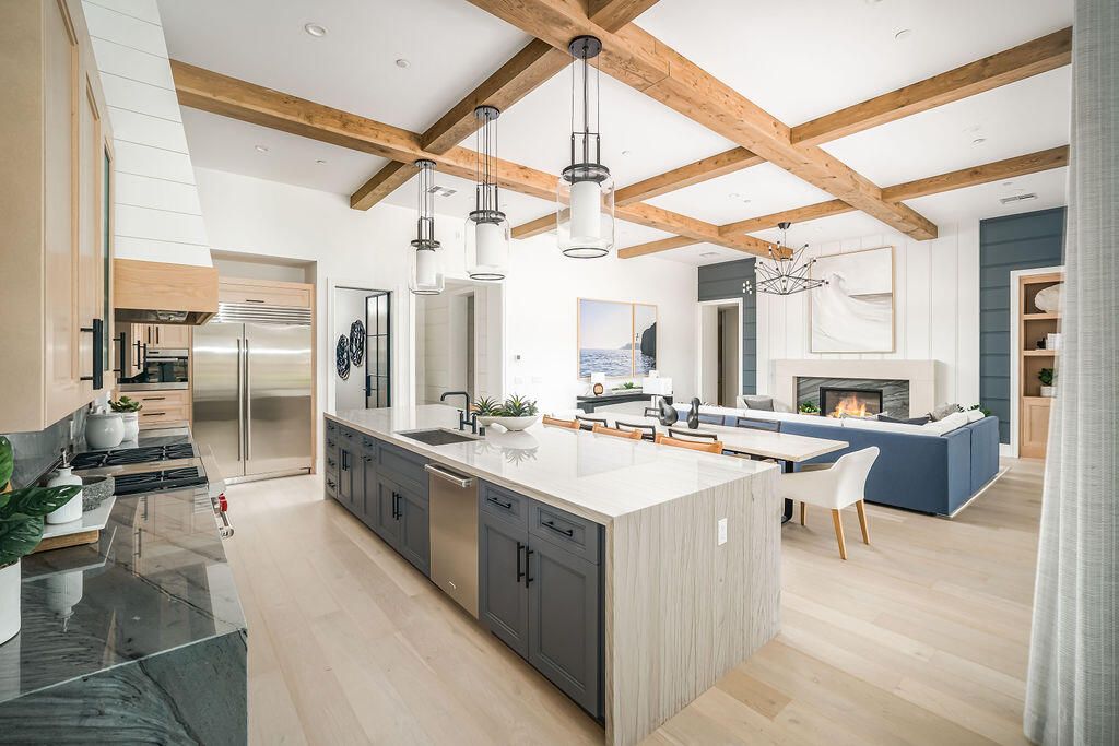 Fireplace, Interior, Kitchen, Living room, Pendant Lights, Recessed Lighting, Stainless Steel Appliances, Wooden Beams, Wood Texture Flooring
