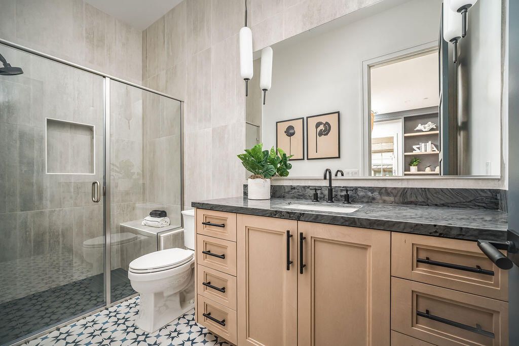 Bathroom, Glass Shower, Interior, Pendant Lights