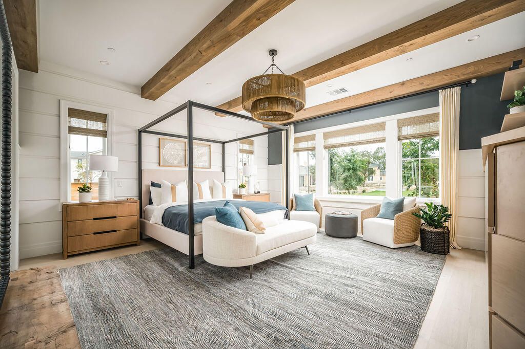 Bedroom, Interior, Recessed Lighting, Wooden Beams, Wood Texture Flooring