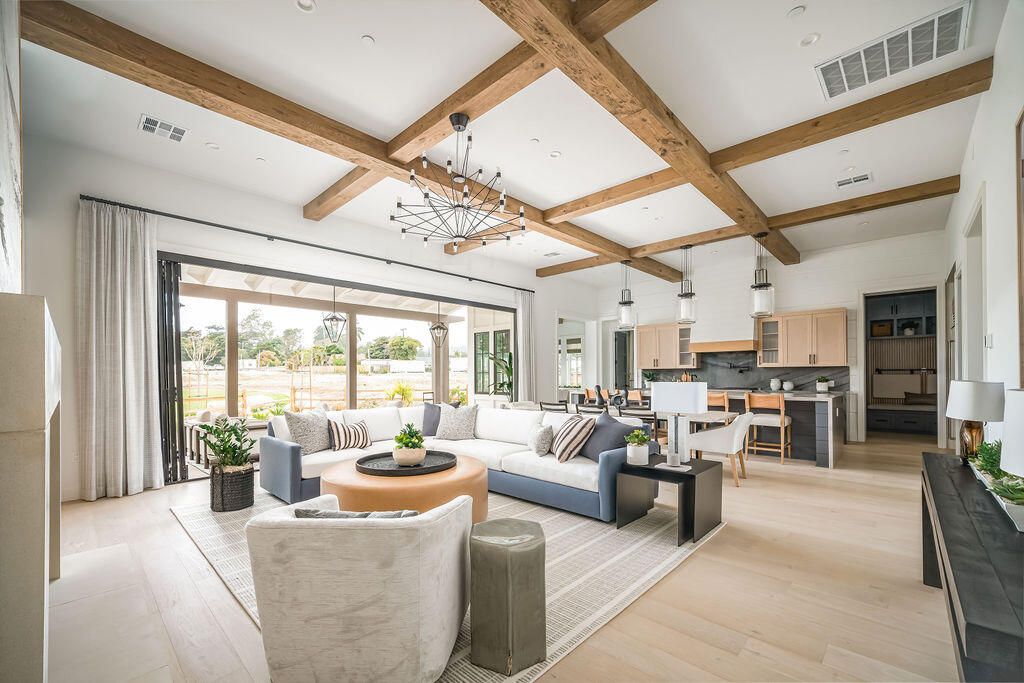 Interior, Kitchen, Living room, Pendant Lights, Recessed Lighting, Stainless Steel Appliances, Wooden Beams, Wood Texture Flooring