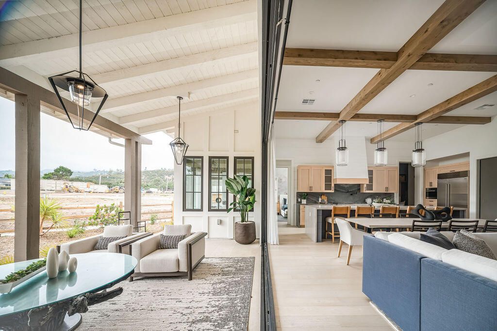 Dining room, Interior, Kitchen, Living room, Pendant Lights, Stainless Steel Appliances, Wooden Beams, Wood Texture Flooring