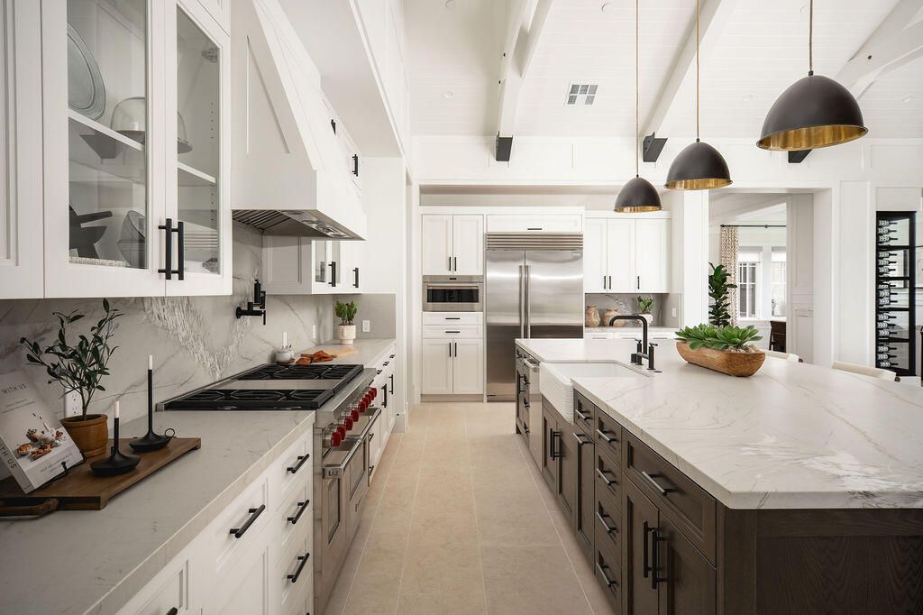 Interior, Kitchen, Marble Walls, Pendant Lights, Stainless Steel Appliances