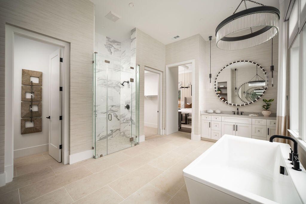 Bathroom, Dual Sink Vanities, Free Standing Baths, Glass Shower, Interior, Marble Walls
