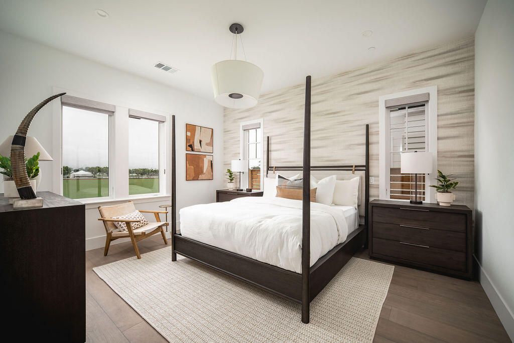 Bedroom, Interior, Pendant Lights, Recessed Lighting, Wood Texture Flooring